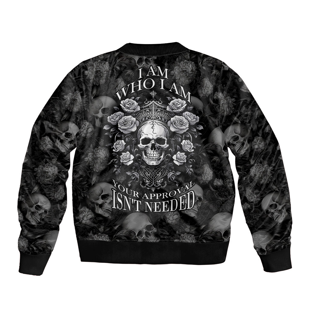 Black bomber jacket with rear skull, roses, and text graphic, ribbed hem and cuffs