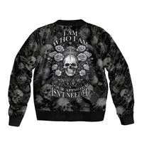 Black bomber jacket with rear skull, roses, and text graphic, ribbed hem and cuffs