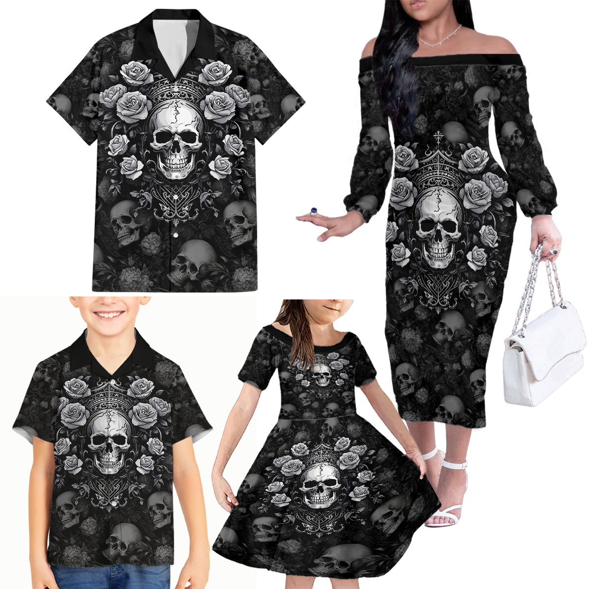 Skull Family Matching Off Shoulder Long Sleeve Dress and Hawaiian Shirt I Am Who I Am Your Approval Isn't Needed - Wonder Print Shop