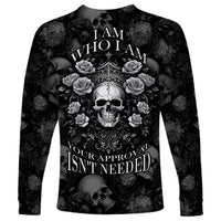 Black long-sleeve shirt with skull, roses, and large text "I AM WHO I AM"