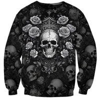 Black unisex sweatshirt with large skull and roses graphic on front
