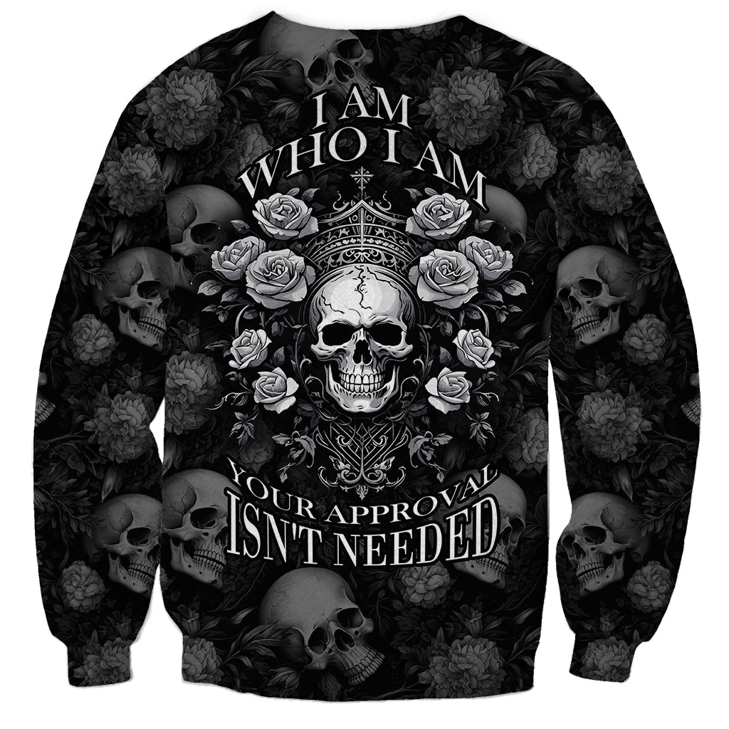 Black unisex sweatshirt with skull, roses, and I AM WHO I AM front text