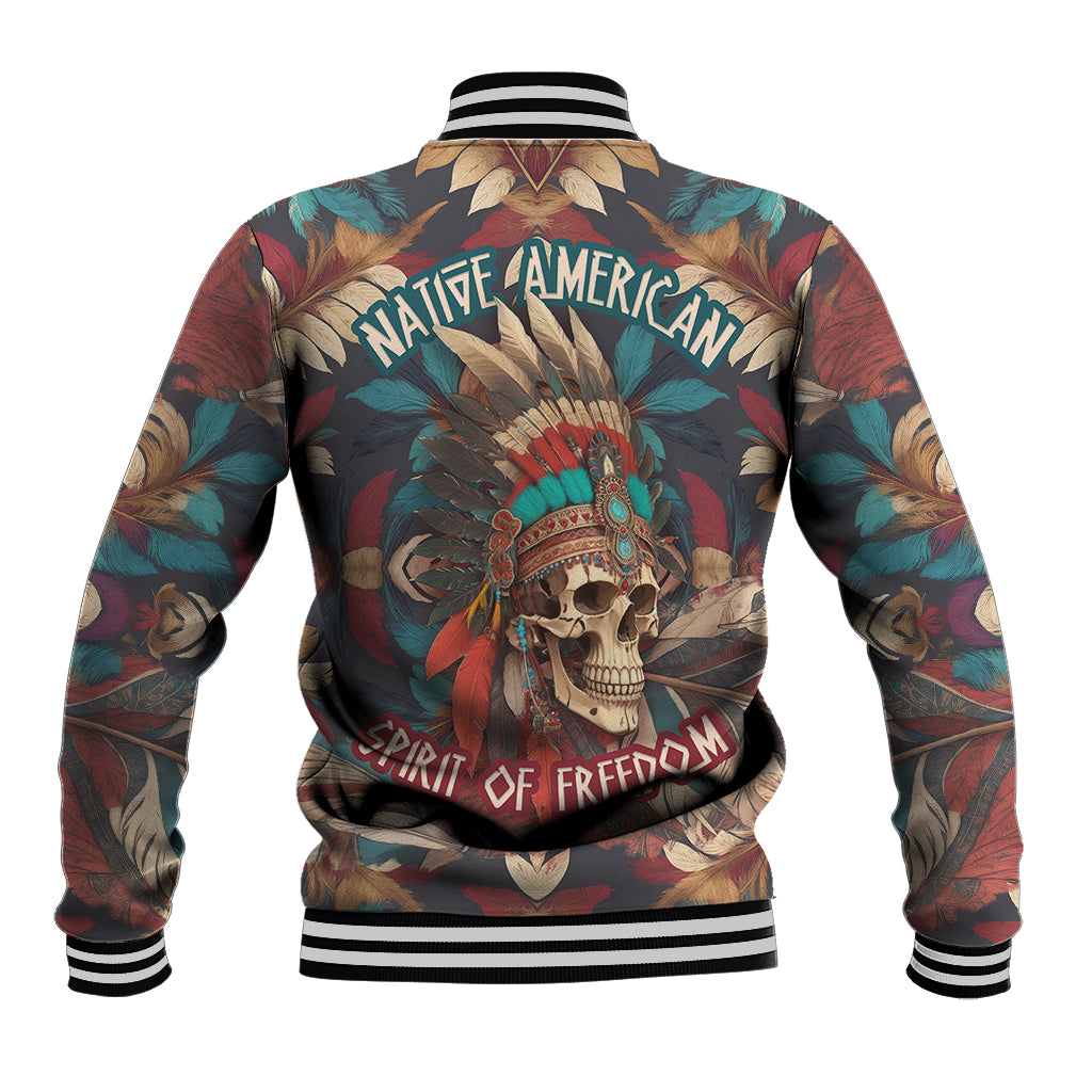 Multicolor skull and feather headdress baseball jacket, ribbed striped collar and cuffs