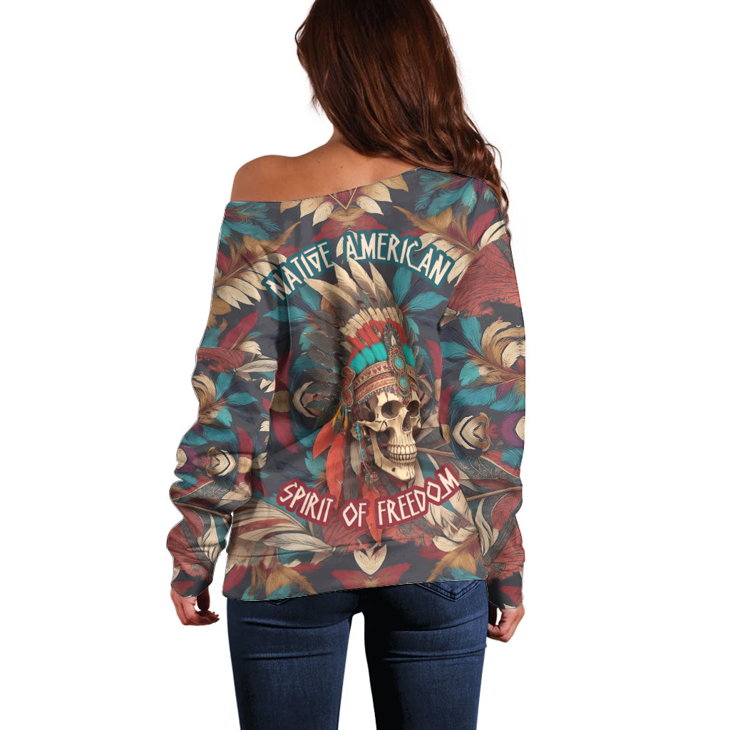 Native American Skull Off Shoulder Sweater Native Merican Spirit Of Freedom - Wonder Print Shop