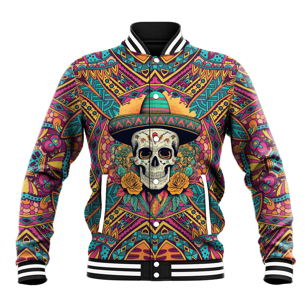 Multicolor unisex baseball jacket with skull face, sombrero, and rose patch detail