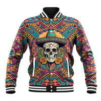 Multicolor unisex baseball jacket with skull face, sombrero, and rose patch detail