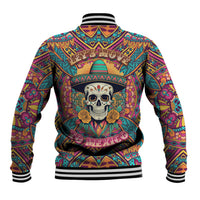 Multicolor unisex baseball jacket with skull wearing sombrero and rose graphics