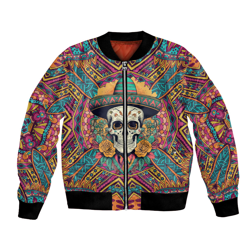 Multicolor skull graphic bomber jacket with front zipper and ribbed hem