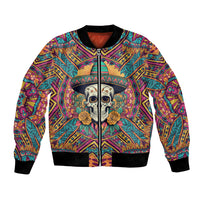 Multicolor skull graphic bomber jacket with front zipper and ribbed hem