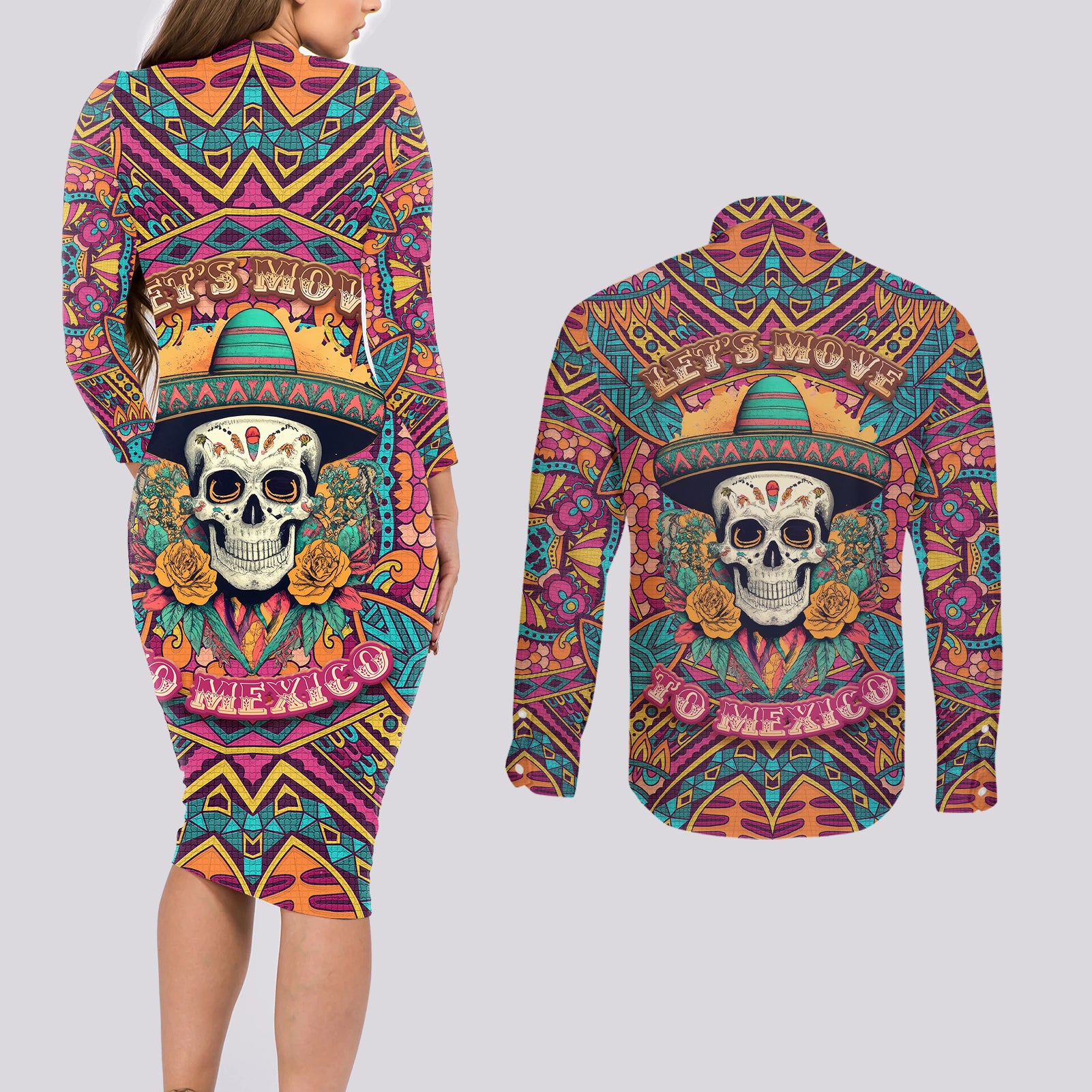 Mexico Skull Couples Matching Long Sleeve Bodycon Dress and Long Sleeve Button Shirts Let's Move To Mexico - Wonder Print Shop