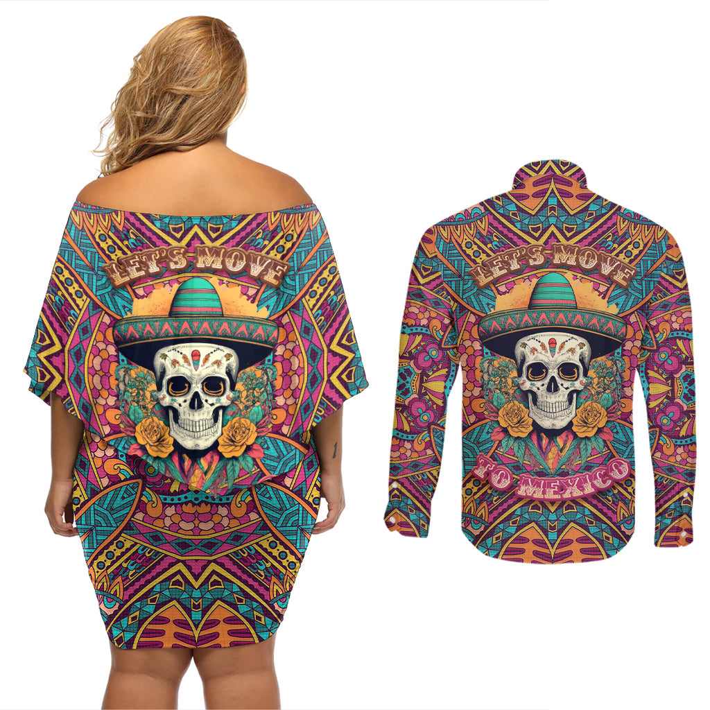 Mexico Skull Couples Matching Off Shoulder Short Dress and Long Sleeve Button Shirts Let's Move To Mexico - Wonder Print Shop