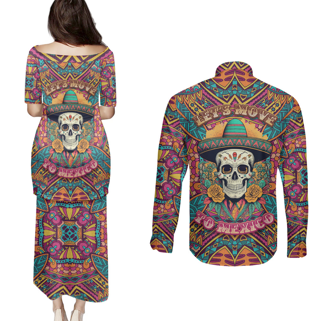 Mexico Skull Couples Matching Puletasi Dress and Long Sleeve Button Shirts Let's Move To Mexico - Wonder Print Shop