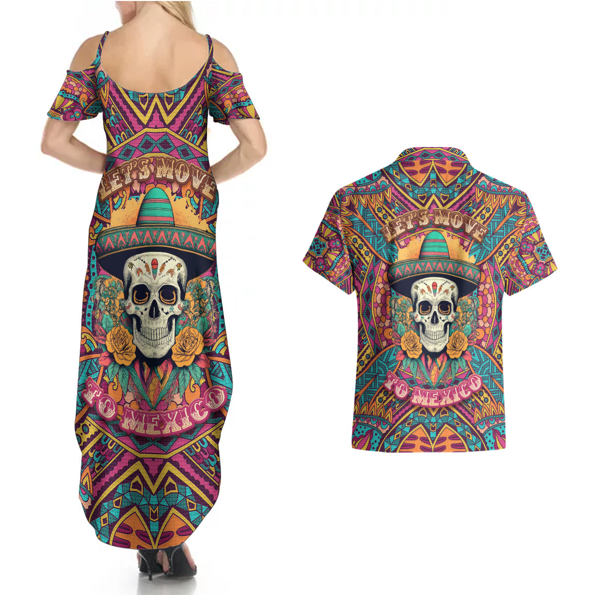 Mexico Skull Couples Matching Summer Maxi Dress and Hawaiian Shirt Let's Move To Mexico - Wonder Print Shop