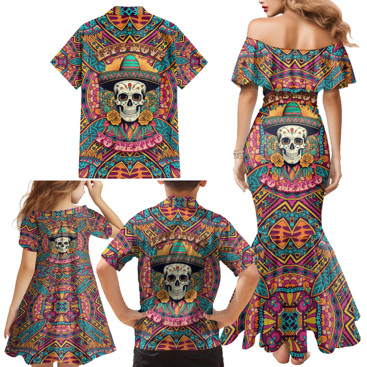 mexico-skull-family-matching-mermaid-dress-and-hawaiian-shirt-lets-move-to-mexico