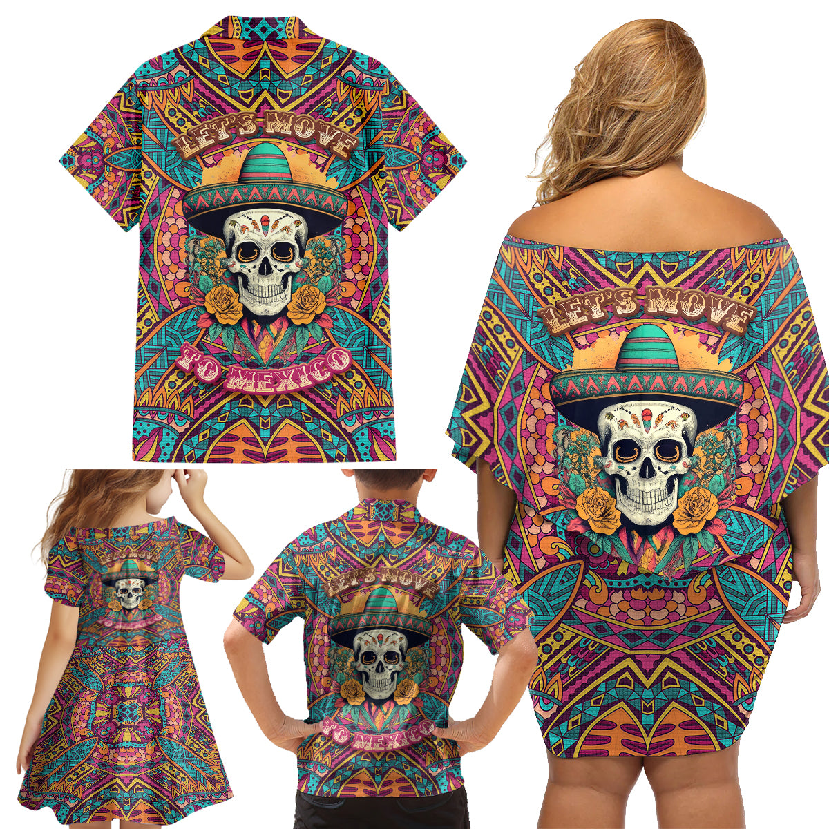 mexico-skull-family-matching-off-shoulder-short-dress-and-hawaiian-shirt-lets-move-to-mexico