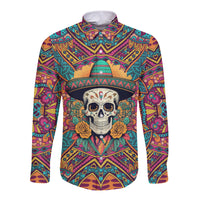 Multicolor long-sleeve button shirt with skull in sombrero graphic, front view