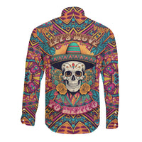 Multicolor long-sleeve button shirt with skull and sombrero graphic, back view