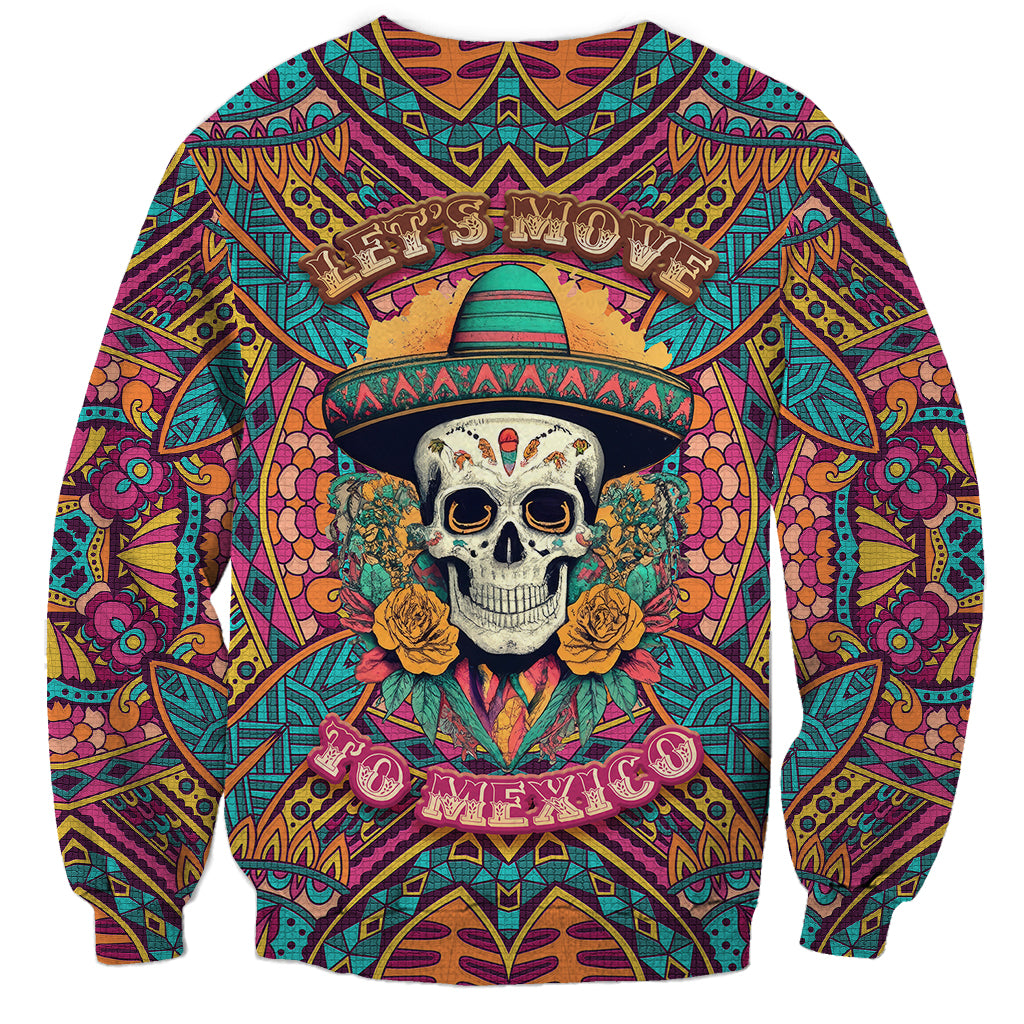Unisex multicolor skull sweatshirt with green sombrero and Aztec border pattern