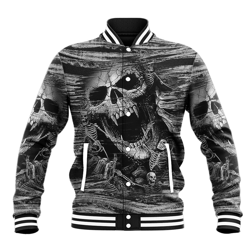 Black-and-white baseball jacket with front skull and skeleton print, striped rib trim