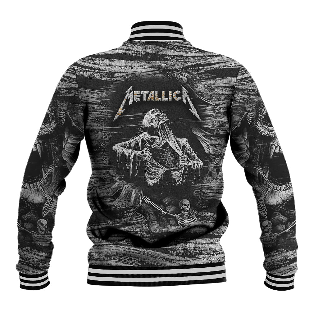 Black-and-white baseball jacket back with Metallica text and skeleton guitar graphic, striped hem
