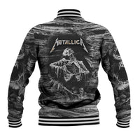Black-and-white baseball jacket back with Metallica text and skeleton guitar graphic, striped hem