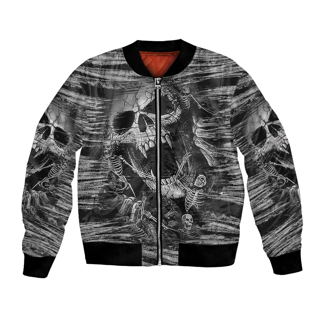 Black and white bomber jacket with full-zip front and skeleton skull graphic