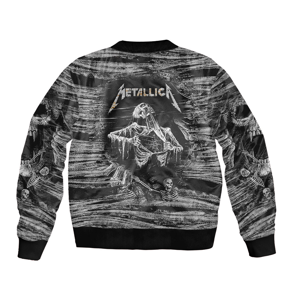 Black and white bomber jacket, back print with Metallica logo and skeleton scene