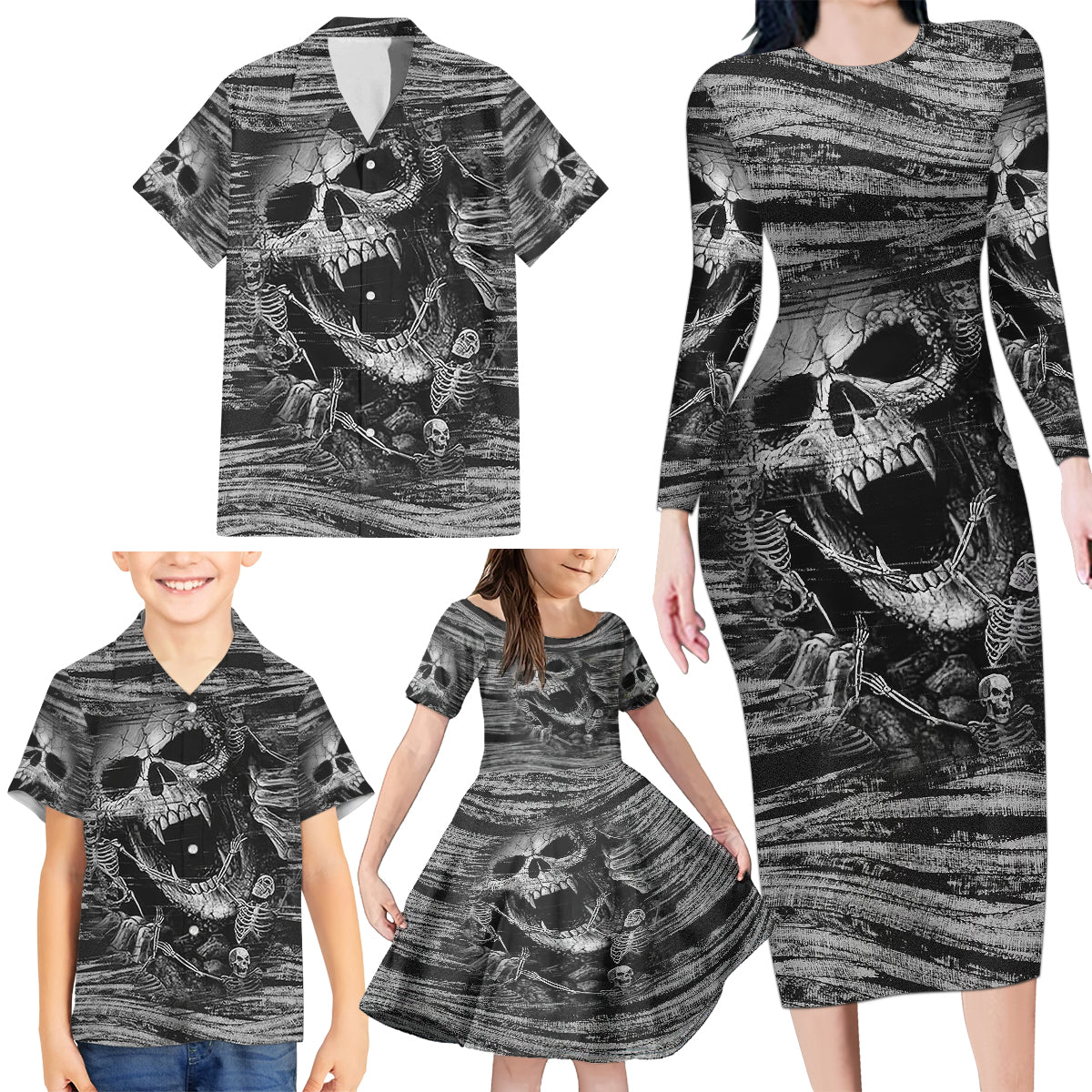 Black and White Metallica Skull Family Matching Long Sleeve Bodycon Dress and Hawaiian Shirt - Wonder Print Shop