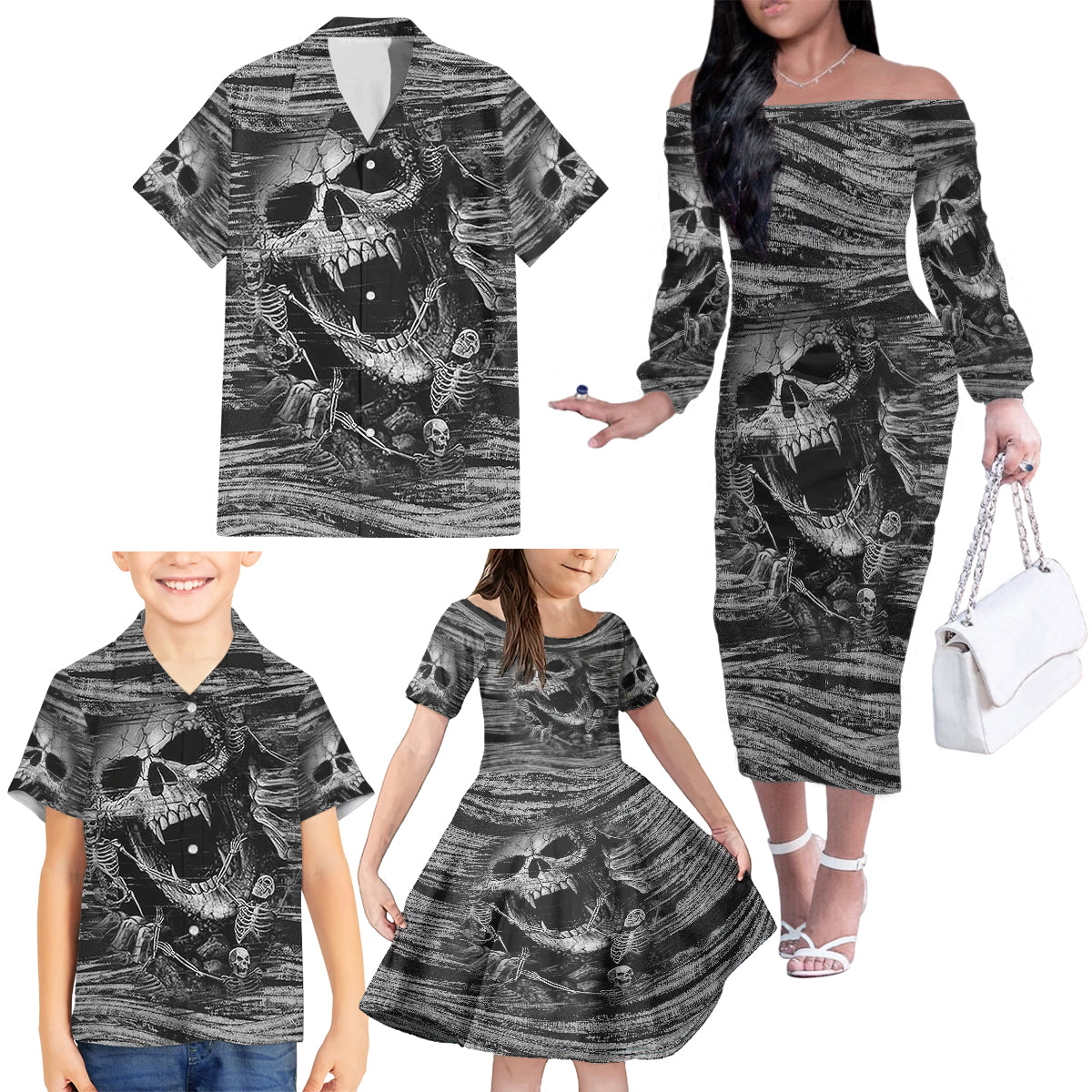 Black and White Metallica Skull Family Matching Off Shoulder Long Sleeve Dress and Hawaiian Shirt - Wonder Print Shop