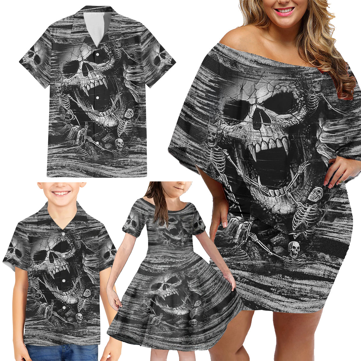 Black and White Metallica Skull Family Matching Off Shoulder Short Dress and Hawaiian Shirt - Wonder Print Shop