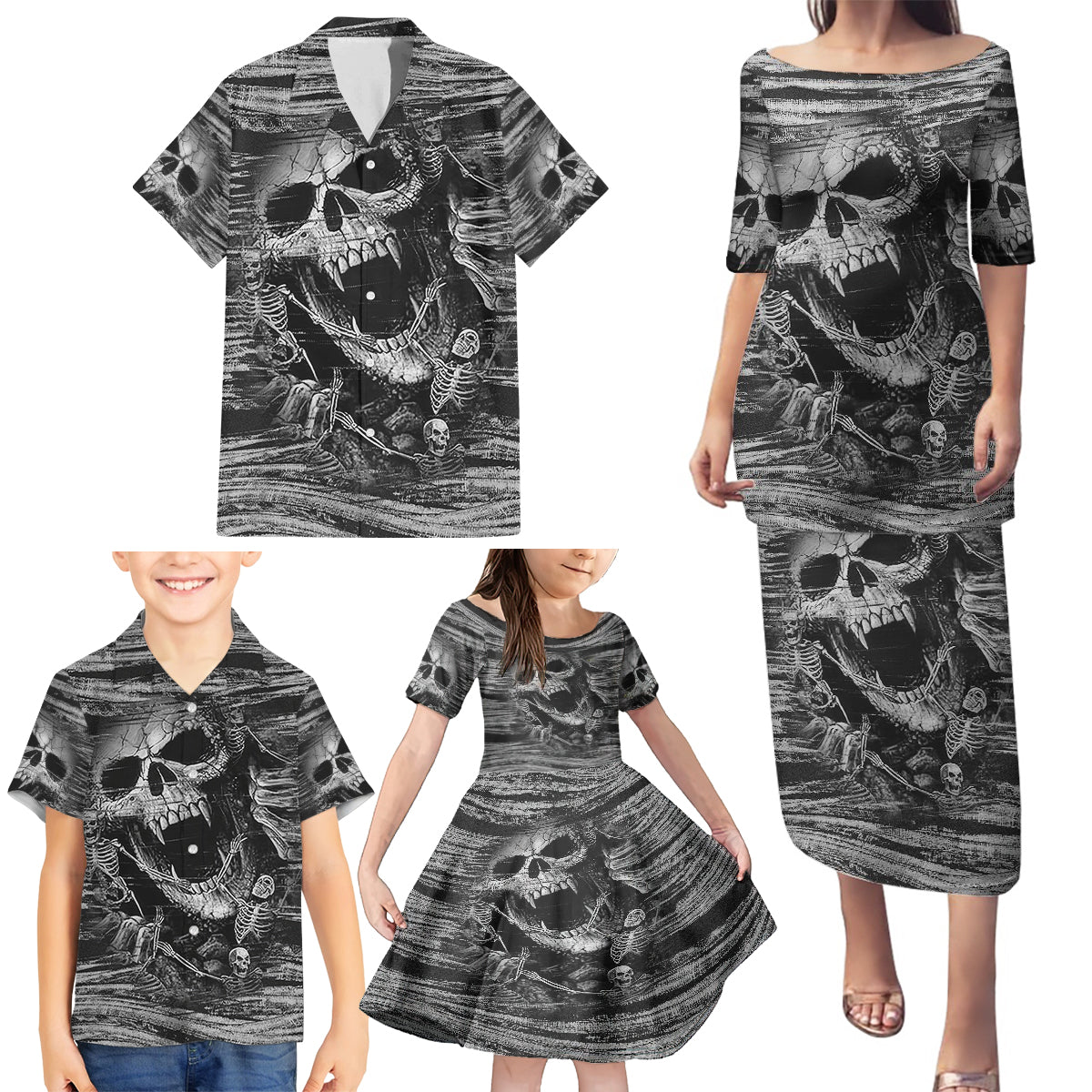 Black and White Metallica Skull Family Matching Puletasi Dress and Hawaiian Shirt - Wonder Print Shop