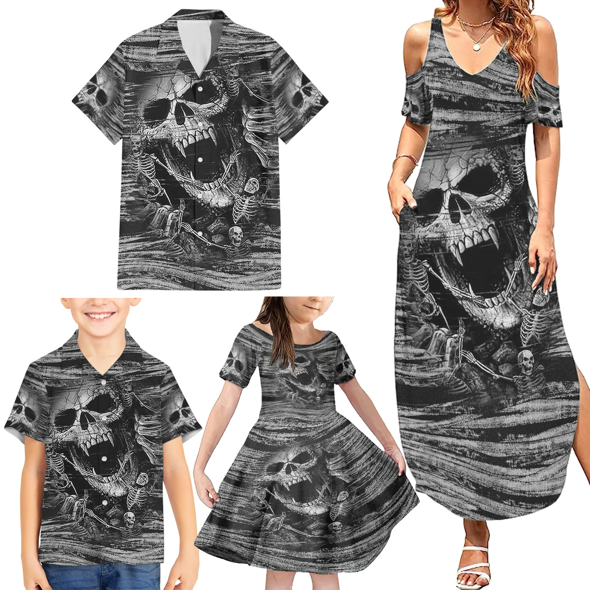 Black and White Metallica Skull Family Matching Summer Maxi Dress and Hawaiian Shirt - Wonder Print Shop