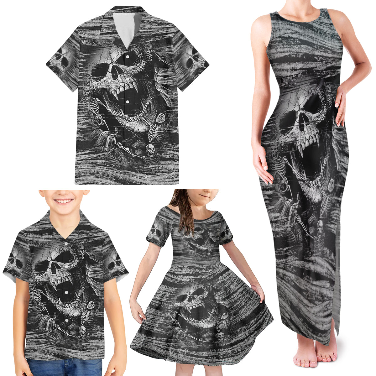 Black and White Metallica Skull Family Matching Tank Maxi Dress and Hawaiian Shirt - Wonder Print Shop