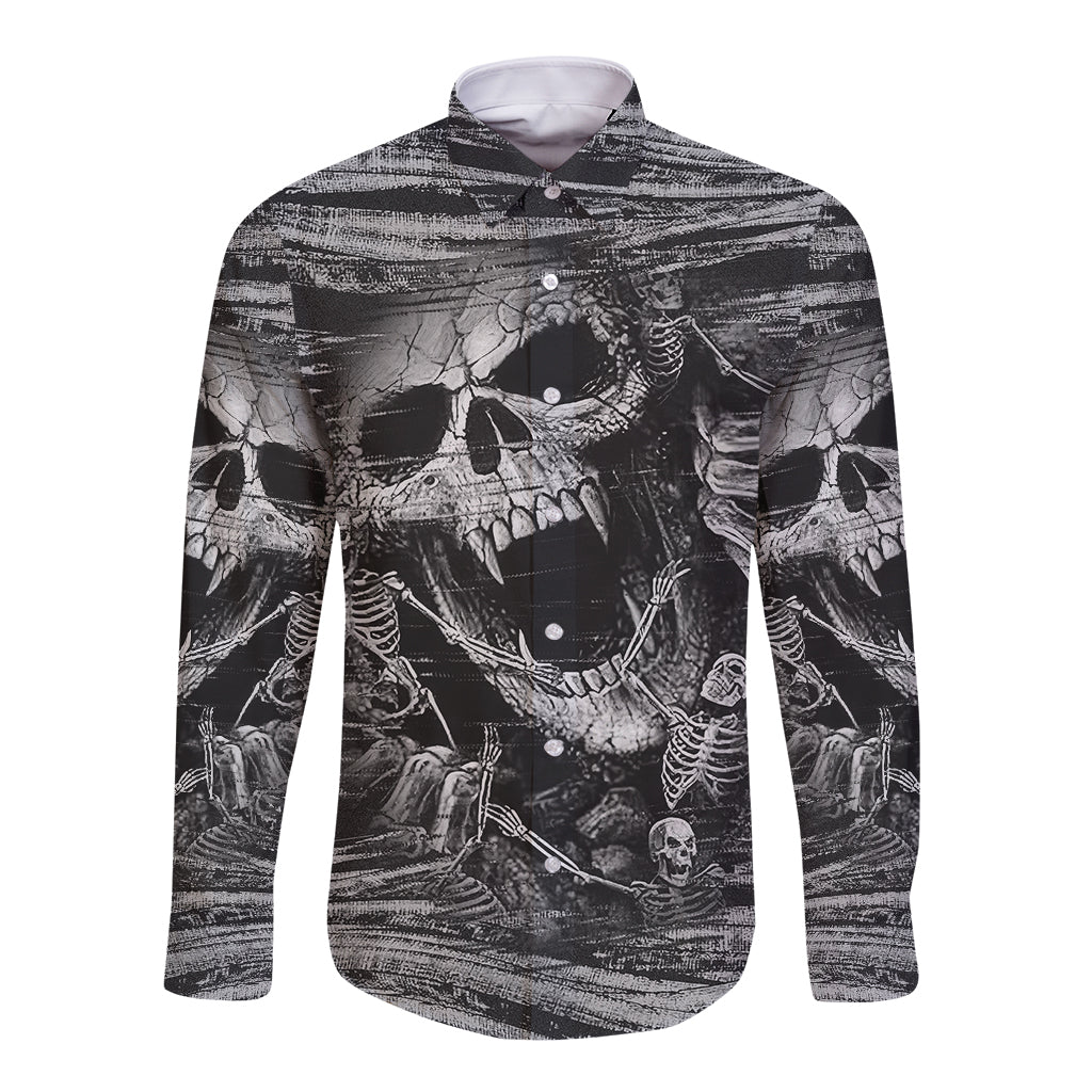 Hooded button long-sleeve shirt in black/white with skull and skeletal graphics