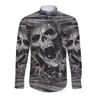 Hooded button long-sleeve shirt in black/white with skull and skeletal graphics