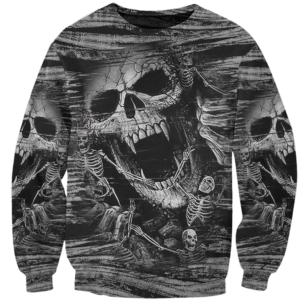 Unisex black sweatshirt with large skull and skeleton graphic, long sleeves