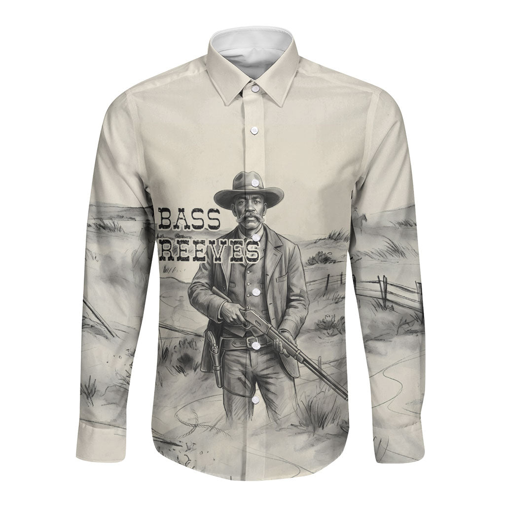 Bass Reeves Lawman Western Marshal Long Sleeve Button Shirt Vintage Charcoal Sketch Indomitable Black Cowboy Legend