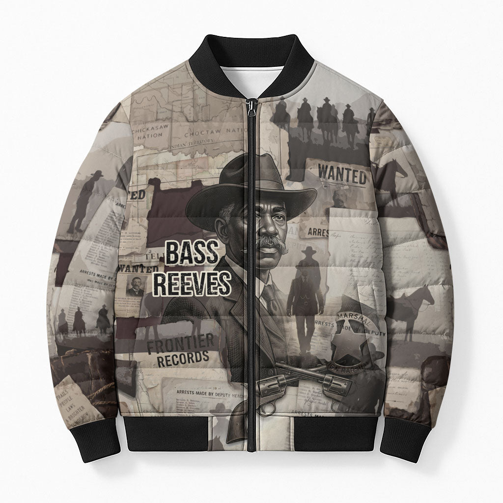 Bass Reeves Black Cowboy Lawman Bomber Puffer Jacket Vintage Newspaper Collage Old West Legend Sketch