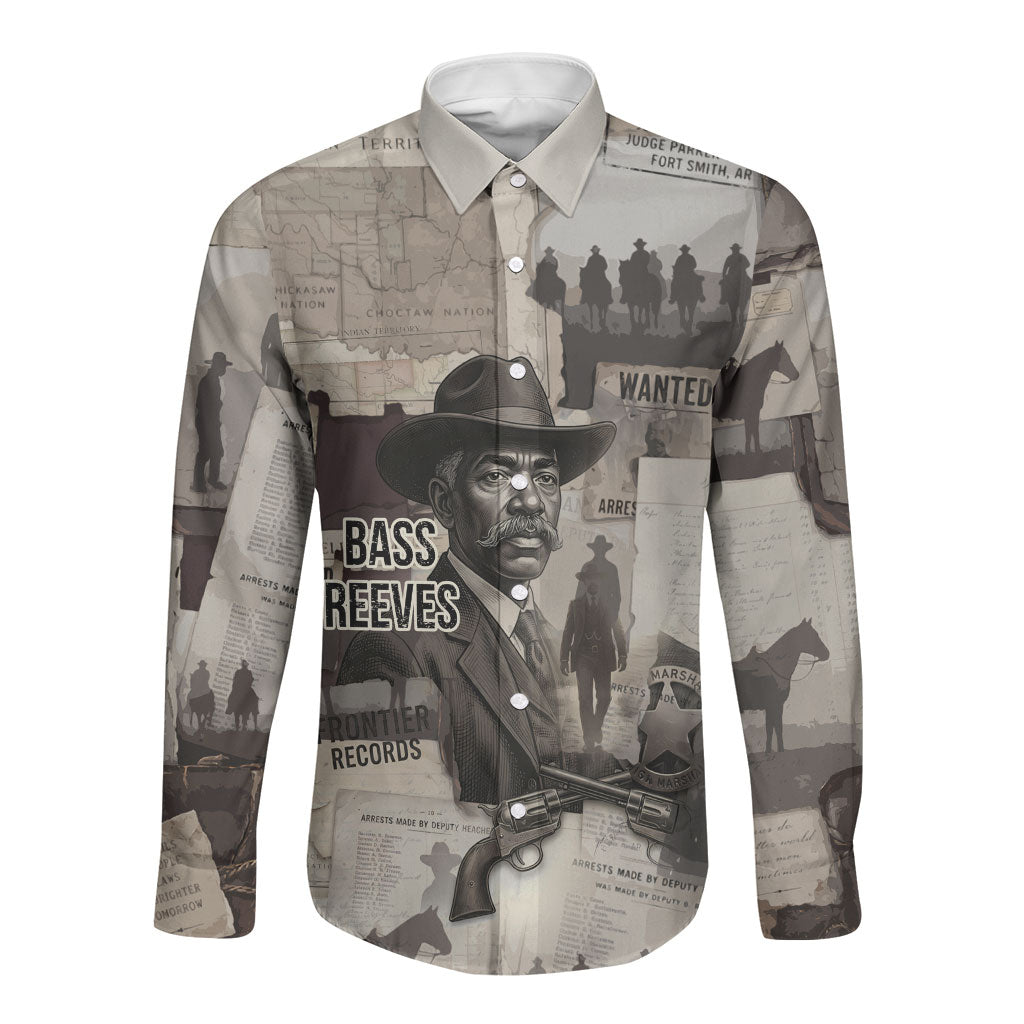 Bass Reeves Black Cowboy Lawman Long Sleeve Button Shirt Vintage Newspaper Collage Old West Legend Sketch