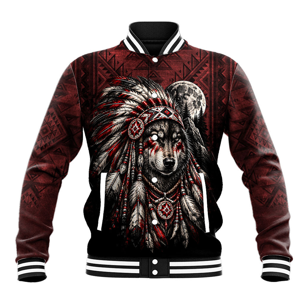Native American Wolf Spirit Baseball Jacket Tribal Feather Headdress Dreamcatcher Wilderness Pattern