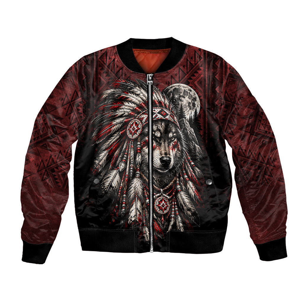 Native American Wolf Spirit Bomber Jacket Tribal Feather Headdress Dreamcatcher Wilderness Pattern