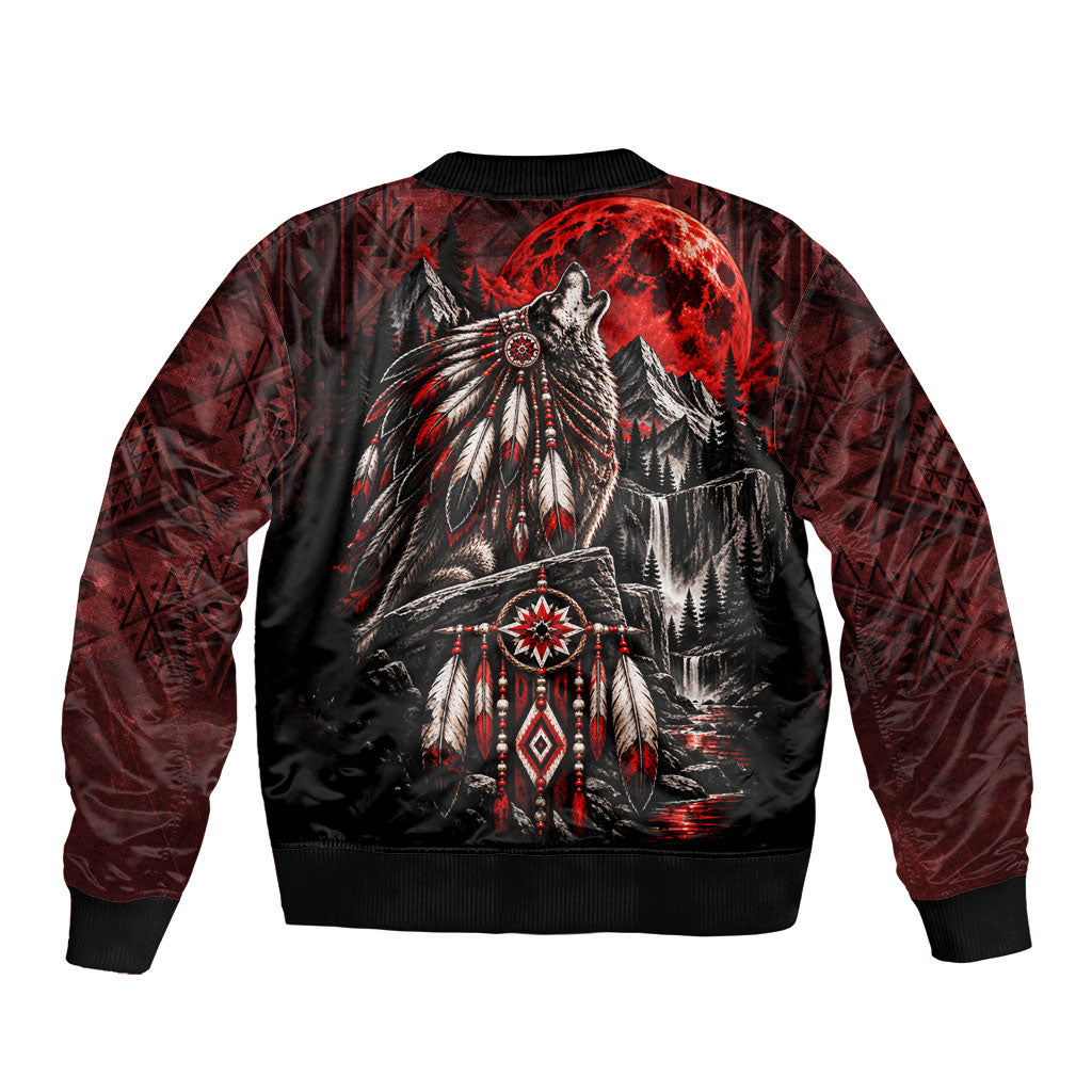 Native American Wolf Spirit Bomber Jacket Tribal Feather Headdress Dreamcatcher Wilderness Pattern