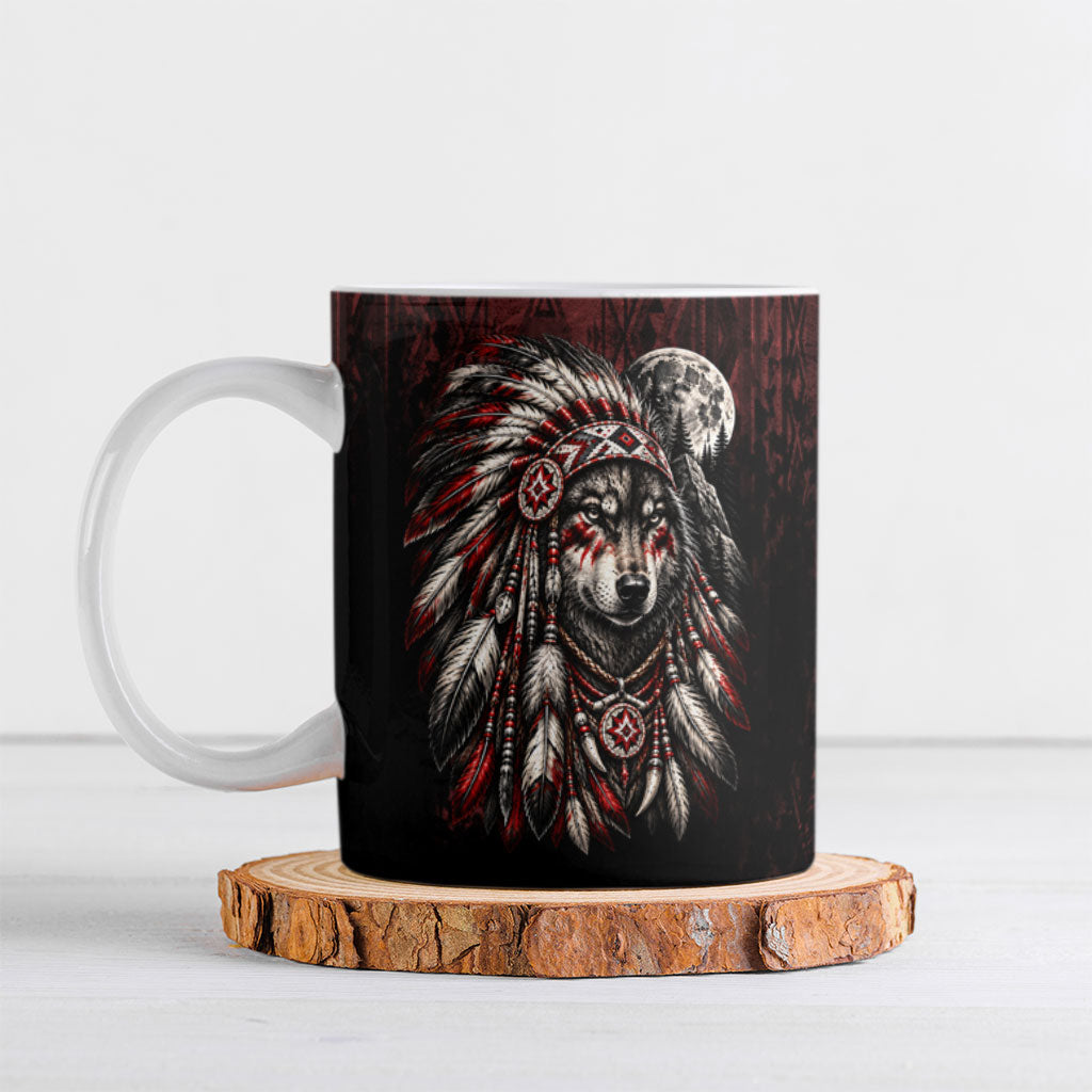 Native American Wolf Spirit Ceramic Mug Tribal Feather Headdress Dreamcatcher Wilderness Pattern