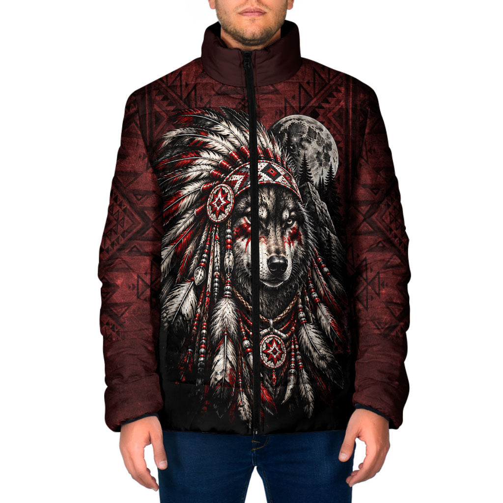 Native American Wolf Spirit Padded Jacket Tribal Feather Headdress Dreamcatcher Wilderness Pattern