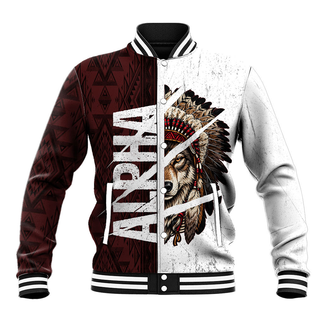 Native American Alpha Wolf Baseball Jacket Tribal Headdress Split Geometric Pattern Art