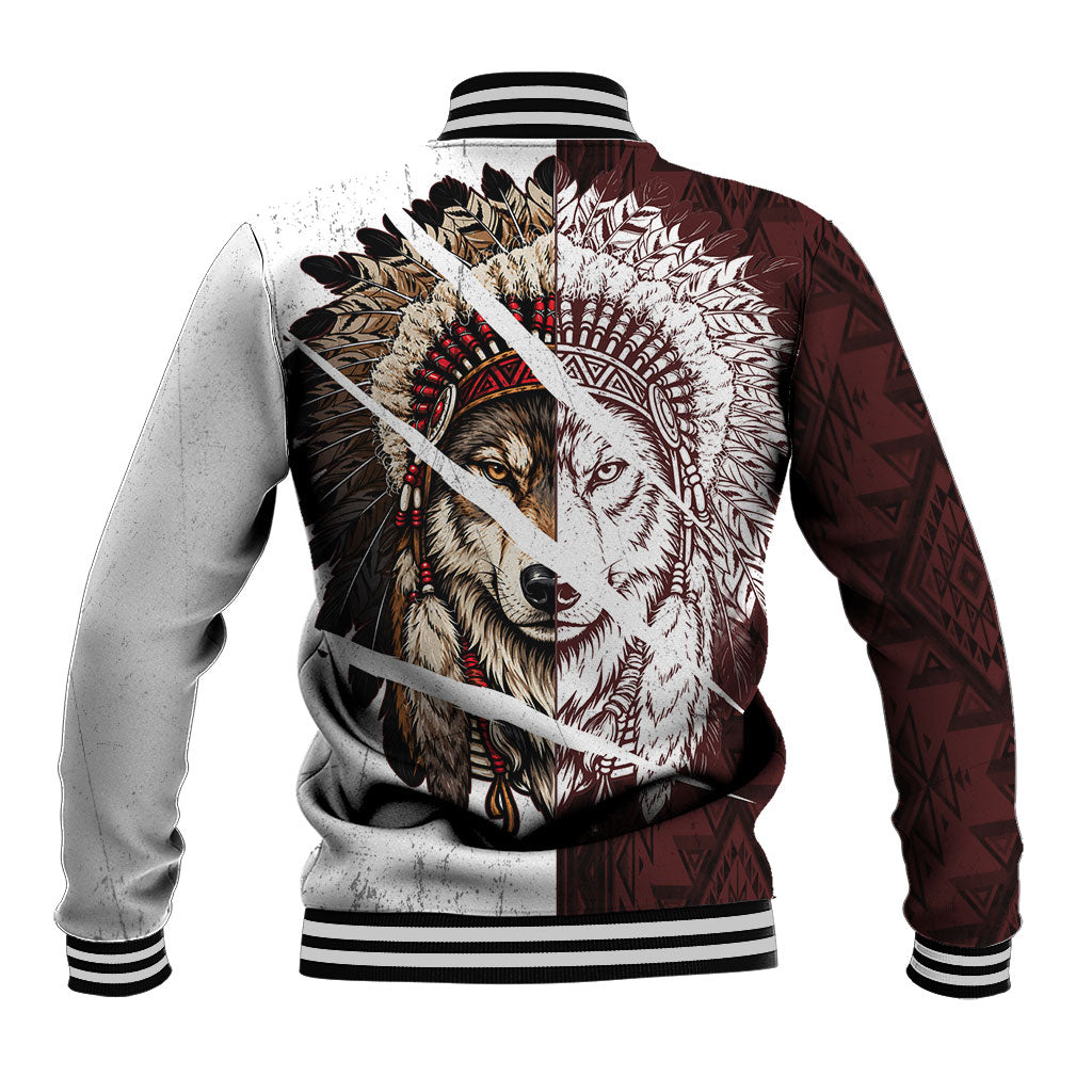 Native American Alpha Wolf Baseball Jacket Tribal Headdress Split Geometric Pattern Art