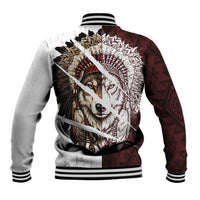 Native American Alpha Wolf Baseball Jacket Tribal Headdress Split Geometric Pattern Art