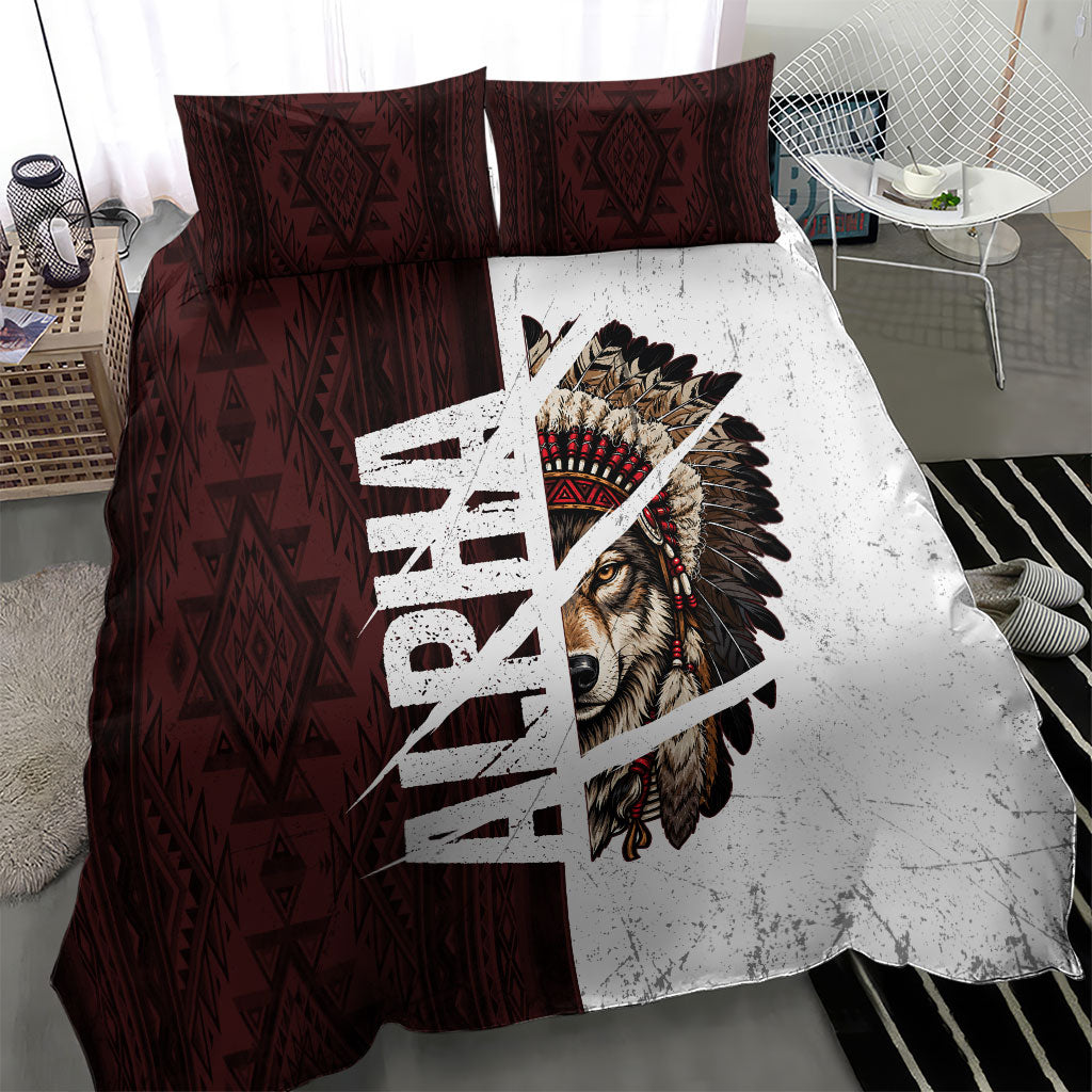 Native American Alpha Wolf Bedding Set Tribal Headdress Split Geometric Pattern Art