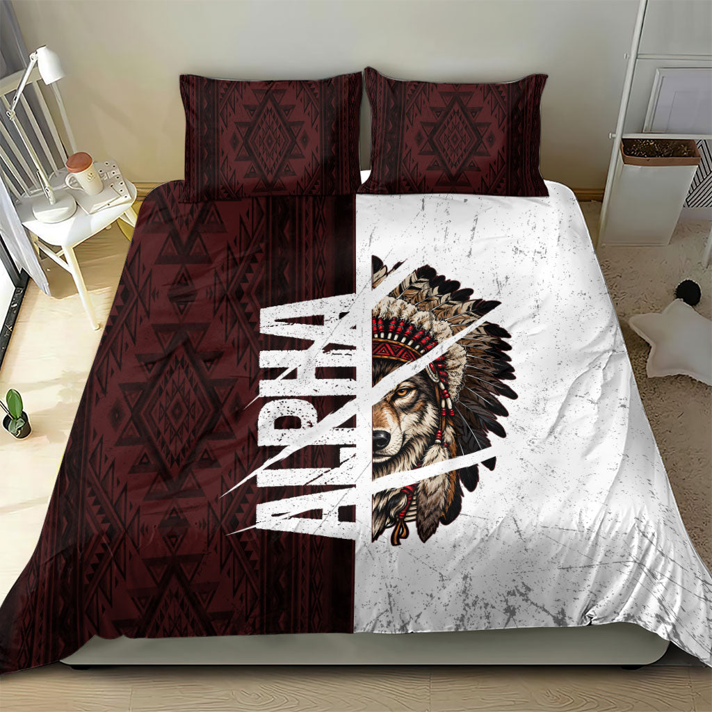 Native American Alpha Wolf Bedding Set Tribal Headdress Split Geometric Pattern Art