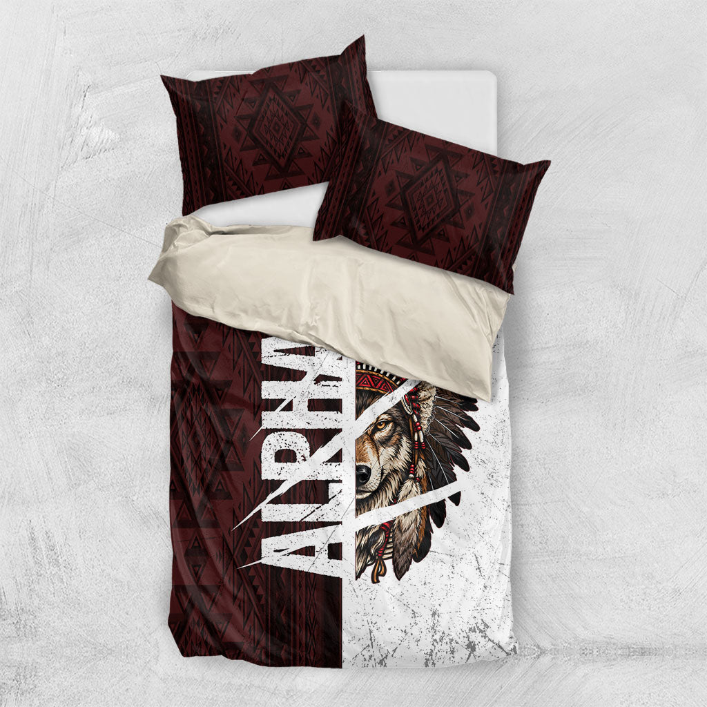 Native American Alpha Wolf Bedding Set Tribal Headdress Split Geometric Pattern Art